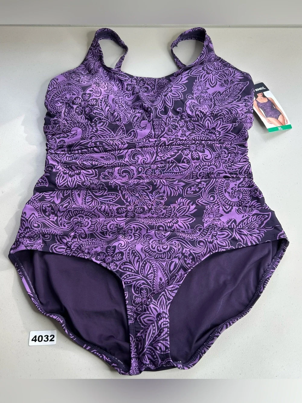 Lands' End Women's Purple Paisley Ruching One Piece Swimsuit Tummy Control XL